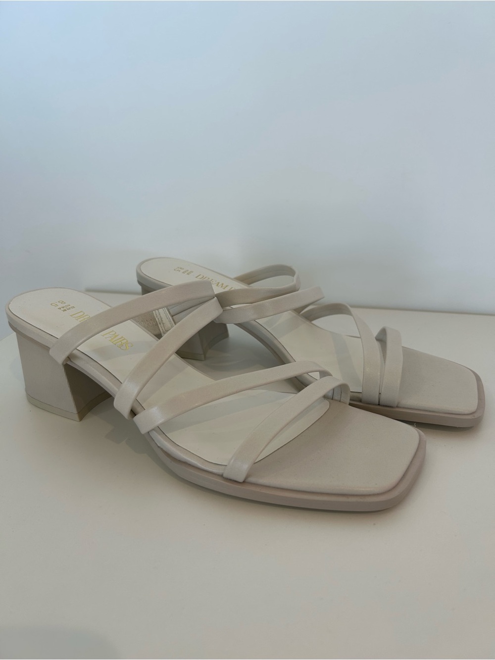 NWOB Cream Ivory Strappy Block Heel Slide Sandals Square Toe Women 8.5